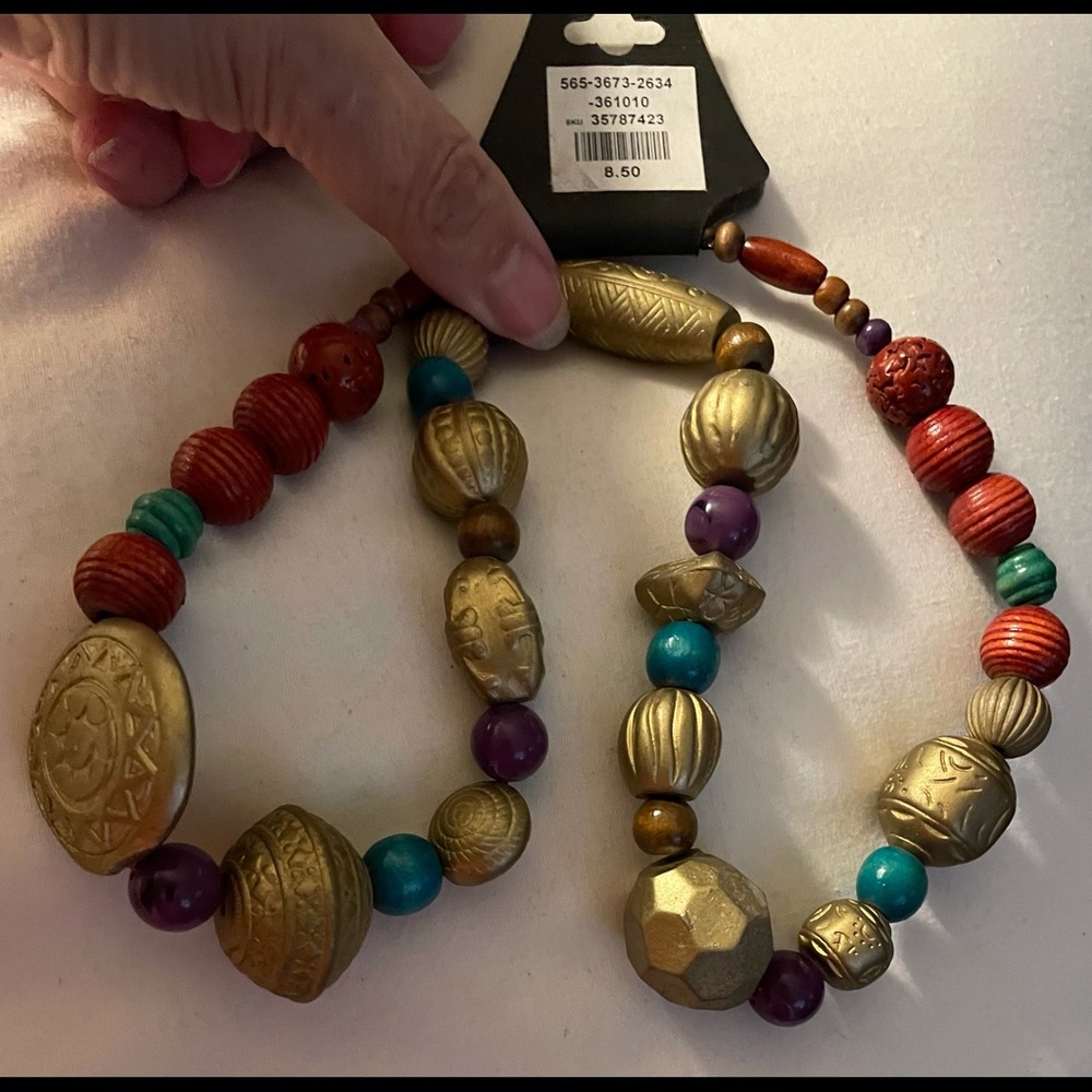 26 inch multicolour beaded necklace in golden browns & green tones